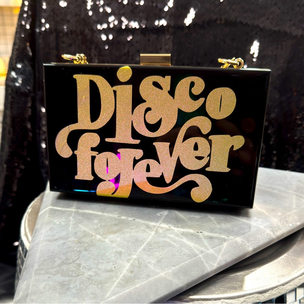 Hand perfected disco forever clutch Smokey black lucite with gold lettering